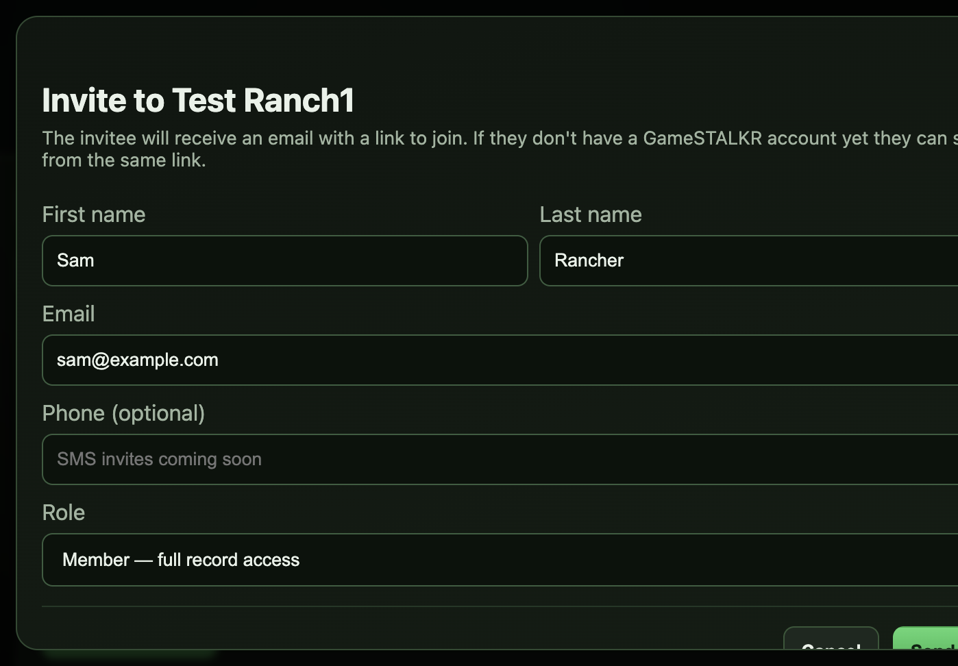 Ranch invitation form with first name, last name, email, phone, and role fields